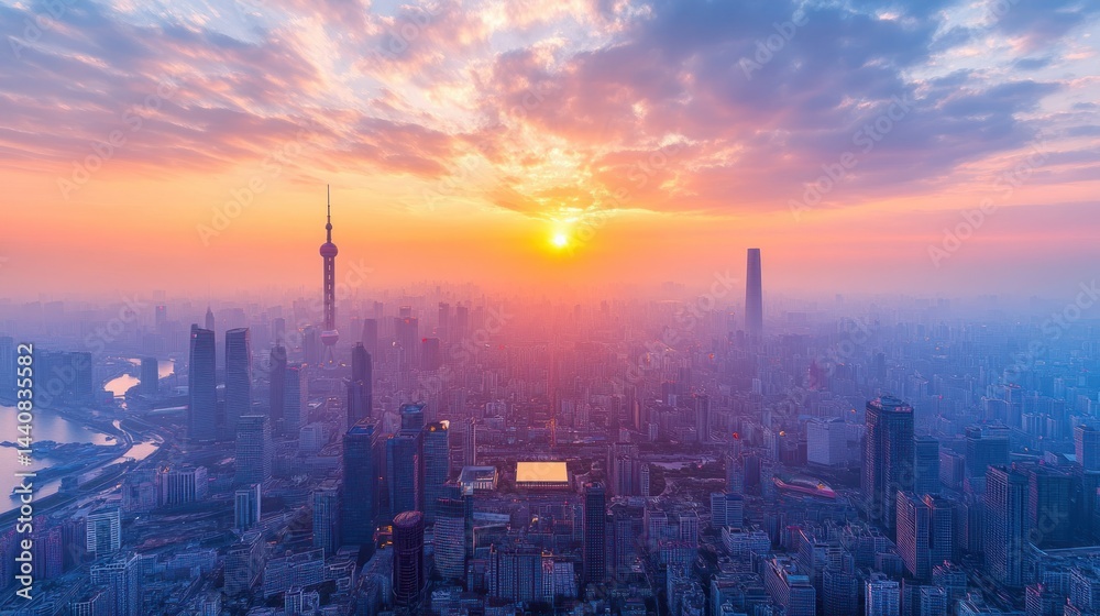 Obraz premium Panoramic sunrise over a modern metropolis