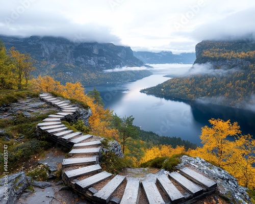 Winding wooden path overlooking a serene autumnal lake nestled in a mountainous valley