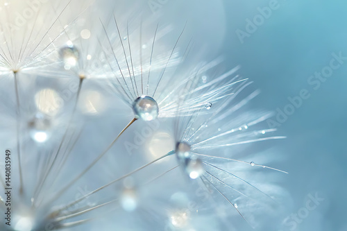 Close-up of a dandelion exhibiting a dreamy and delicate appearance, highlighting the macro details of its white fluffy seeds and the abstract texture of nature.