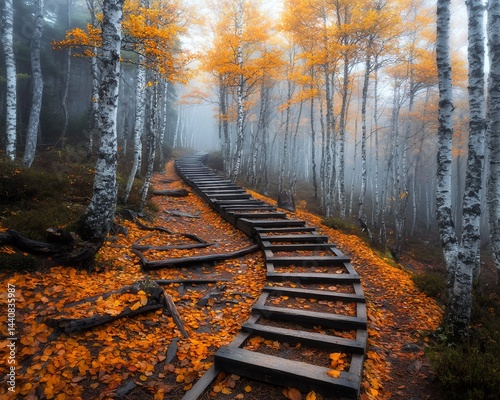 Winding wooden stairs through a misty autumn forest