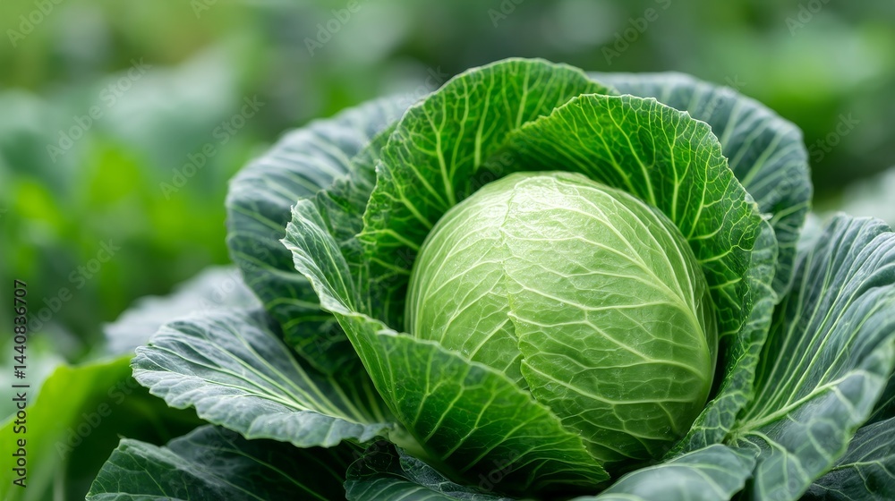 Fototapeta premium Fresh Green Cabbage in Garden - A single, vibrant green cabbage nestled amongst its leaves, showcasing its freshness and healthy appearance. Grown organically