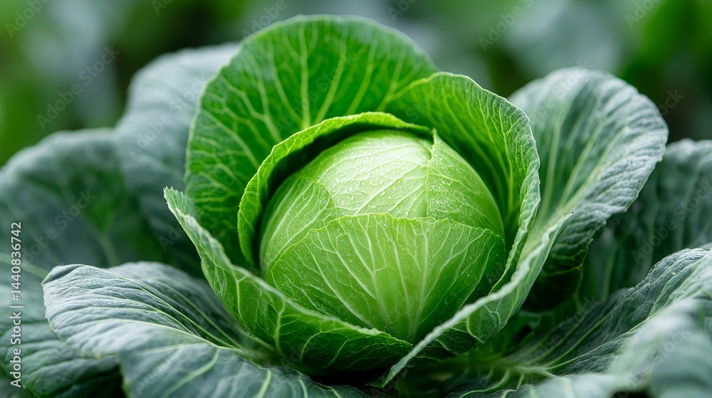 Fototapeta premium Fresh Green Cabbage in Garden - A vibrant green cabbage head nestled in its leaves, showcasing its freshness and healthy appearance. Perfect for a farm-to-table concept