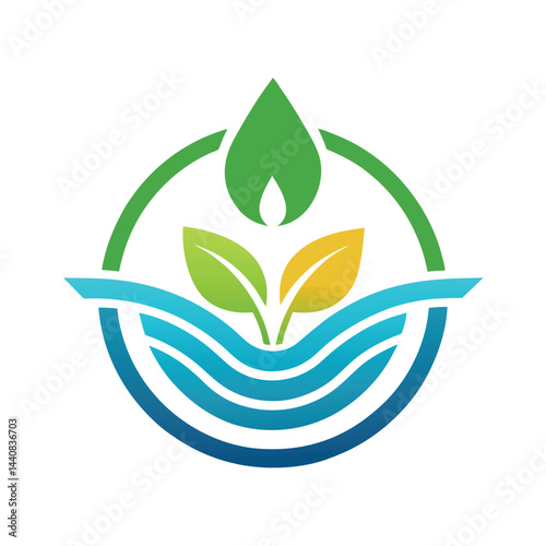 Minimalist logo design for efficient irrigation systems featuring water elements and green plant symbolism