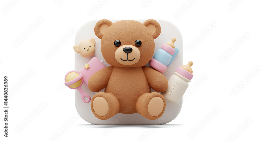 Charming 3D render of a plush teddy bear surrounded by baby accessories Charming 3D render of a plush teddy bear surrounded by baby accessories