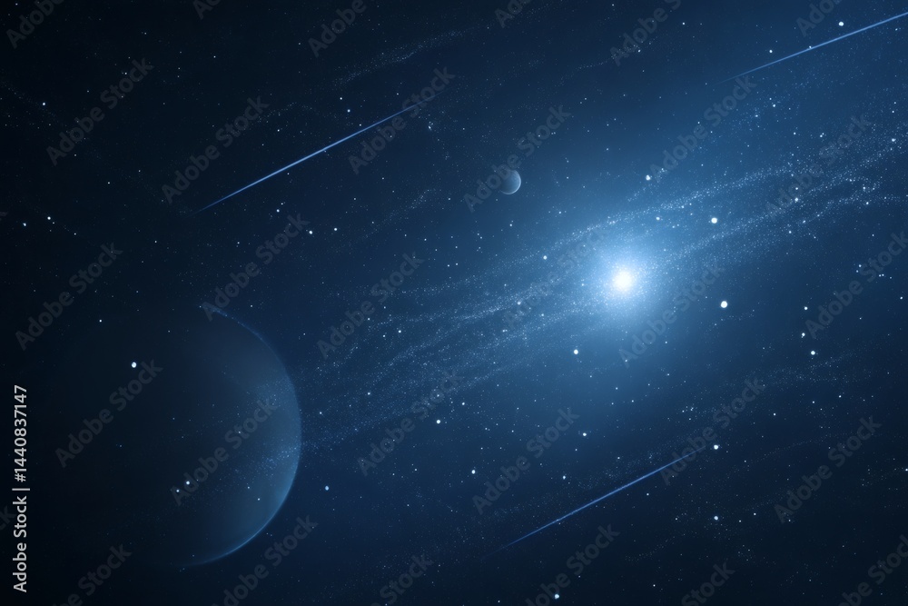 Obraz premium A celestial view of the cosmos, featuring a planet, shooting stars and nebula