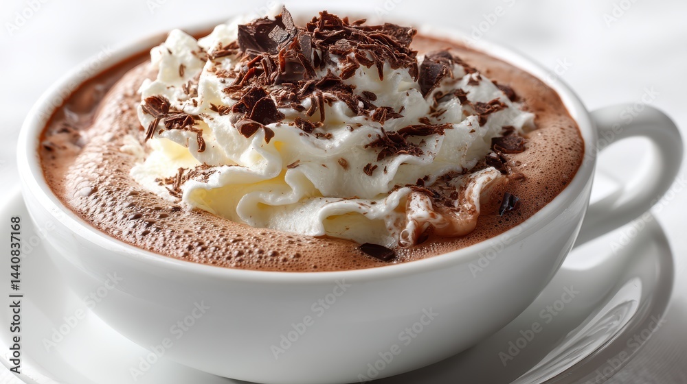 a close-up of a steaming cup of hot chocolate topped with whipped cream and chocolate shavings on a white isolated background, rich and comforting design a close-up of a steaming cup of hot chocolate topped with whipped cream and chocolate shavings on a white isolated background, rich and comforting design