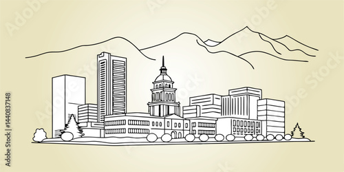 Line drawing of the Denver skyline, featuring its modern high-rises with the Rocky Mountains in a smooth, continuous-line style.