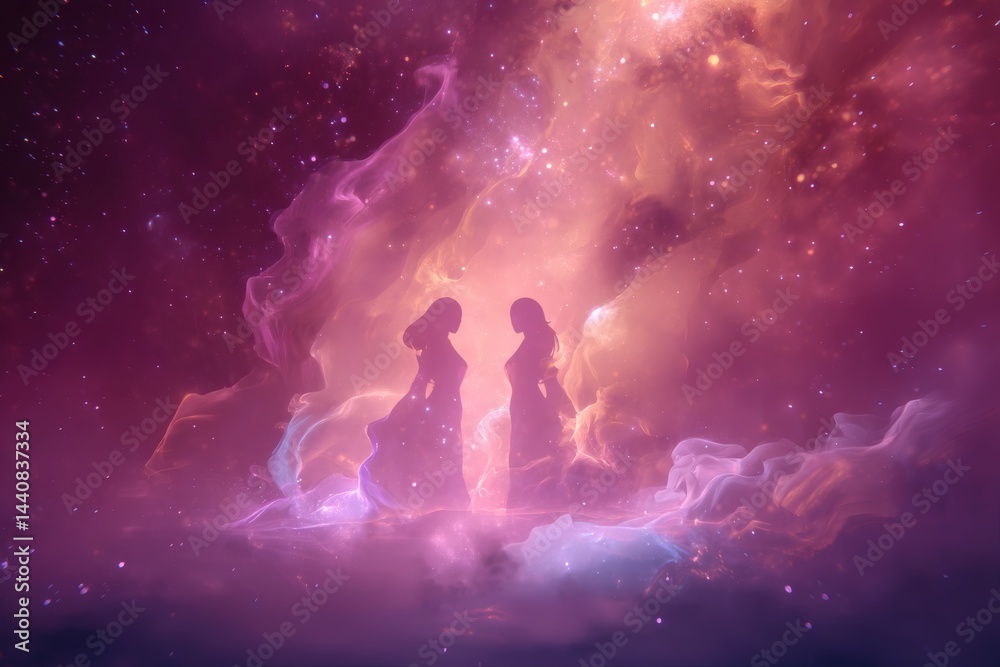 Fototapeta premium Two figures silhouetted against a stunning cosmic backdrop of swirling colors, evoking a sense of wonder and mystery