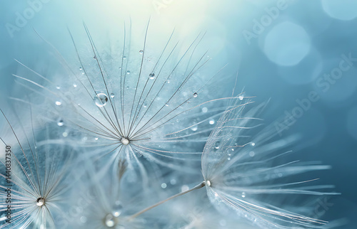 Close-up of a dandelion exhibiting a dreamy and delicate appearance, highlighting the macro details of its white fluffy seeds and the abstract texture of nature.