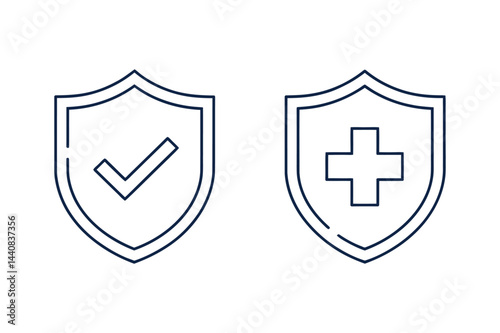 Security Shield Icons With Checkmark And Plus Symbol Representing Protection And Validation In Outline Style Isolated