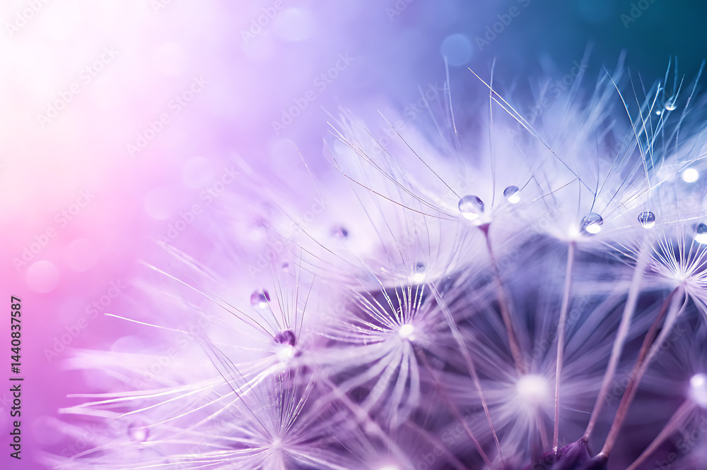 Obraz premium Close-up of a dandelion exhibiting a dreamy and delicate appearance, highlighting the macro details of its white fluffy seeds and the abstract texture of nature.
