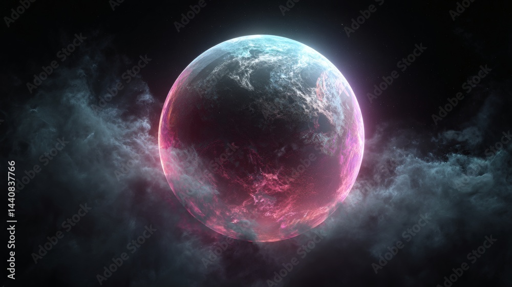 Naklejka premium An artist's vision of an alien planet with a bright atmosphere. A beautiful, glowing planet floats in the vastness of space with ethereal clouds surrounding it.