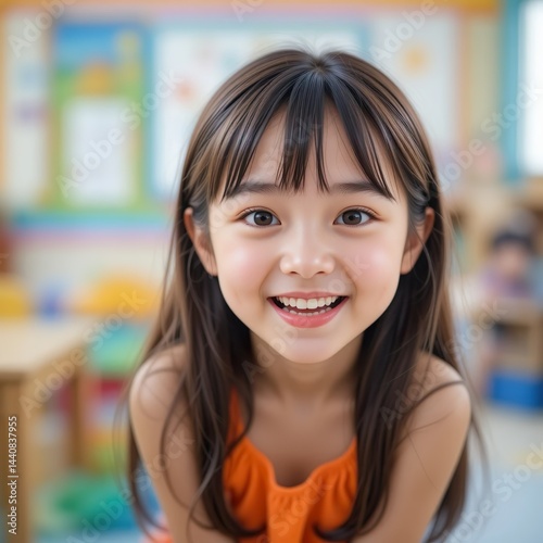 Cute Asian girl smiling at camera in kindergarten, Children's Day