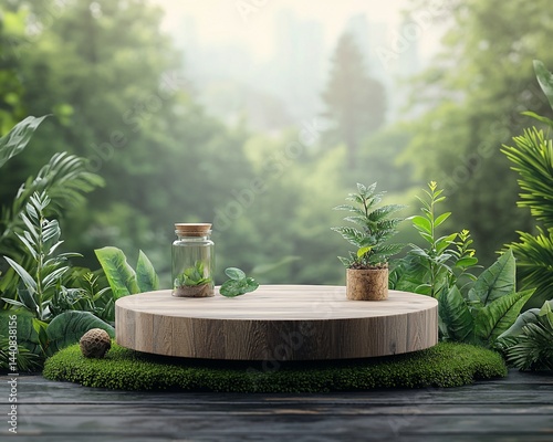 Wooden podium with lush greenery