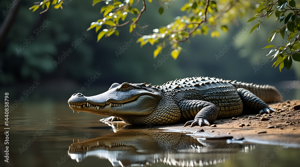 Fototapeta premium Gharial basking on riverbank in tropical forest setting under soft daylight, highlighting slender snouts and scaly texture of skin. Concepts: wildlife, reptiles, endangered, river, conservation