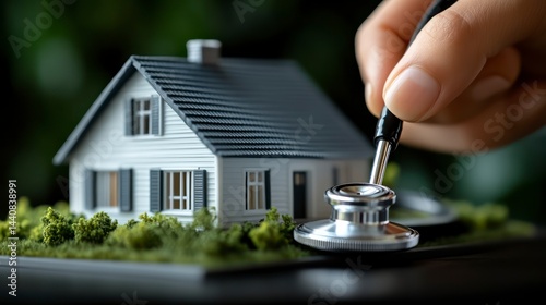 Home Health Check Stethoscope Examining a Miniature House for Property Care and Maintenance Co