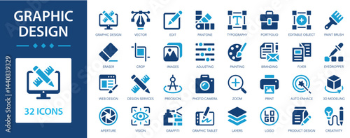 Graphic design flat icons collection. Vector, illustration, edit, portfolio, logo, draw, package, creativity, layers sign set.