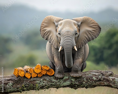 Young elephant sits atop a log, displaying playful posture