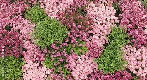 Fototapeta Naklejka Na Ścianę i Meble -  Pink Flowers and Green Plants in a Garden Bed Aerial View