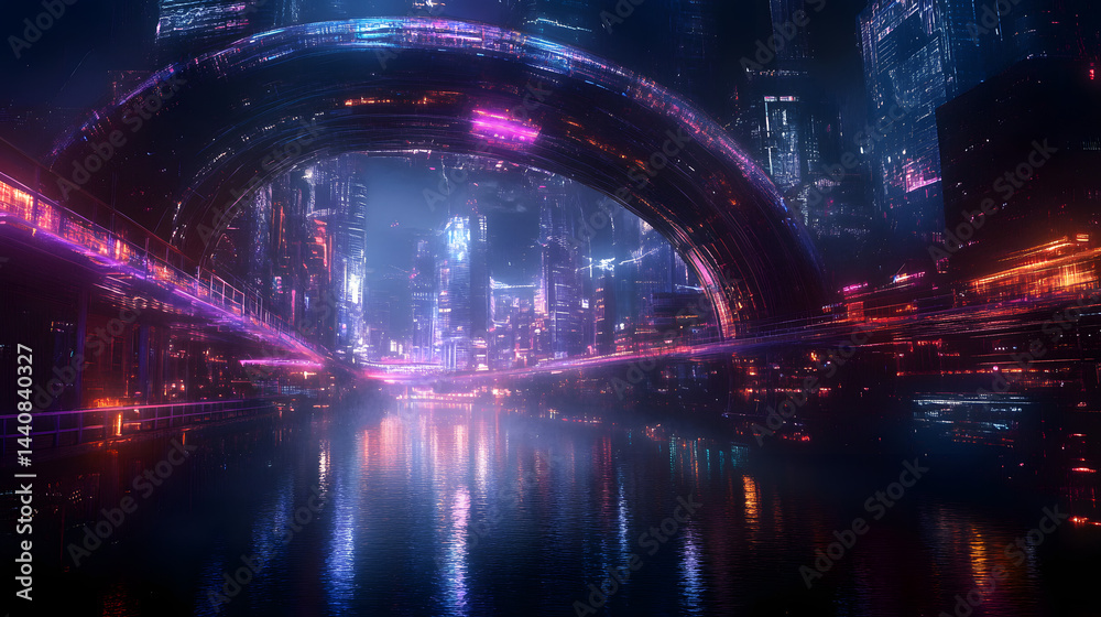 Obraz premium A digital neon landscape of a futuristic city on the water, with glowing bridges and high-tech structures reflected in the water below.
