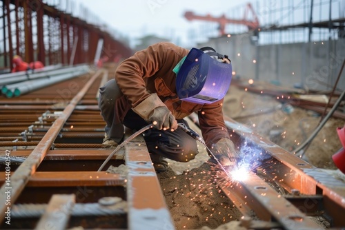 Construction Worker Welding Metal Beams
