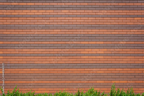 A brick wall with brown and beige bricks. The wall is very long. Green grass grows near the wall.