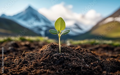 Young sprout emerging from soil, mountains in background