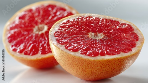 a close-up of a fresh, juicy grapefruit sliced in half on a white isolated background, tangy and refreshing design