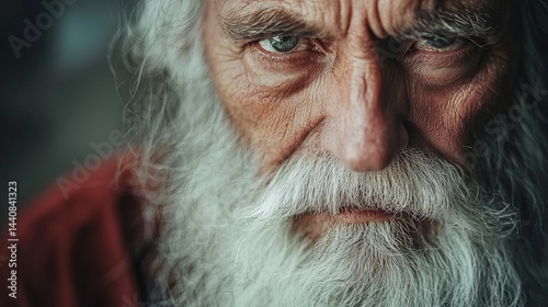 Close up portrait of an old man with a white beard and intense gaze looking directly at the camera lens