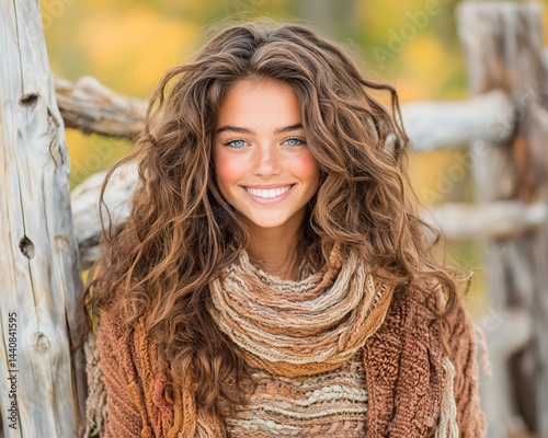 Young woman with long curly hair, autumnal attire, outdoor portrait