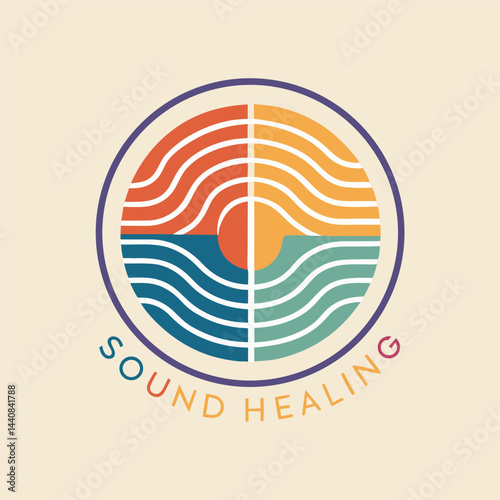 Harmonious minimalist logo design representing sound healing practice featuring soothing colors and flowing lines depicting sound waves and balance