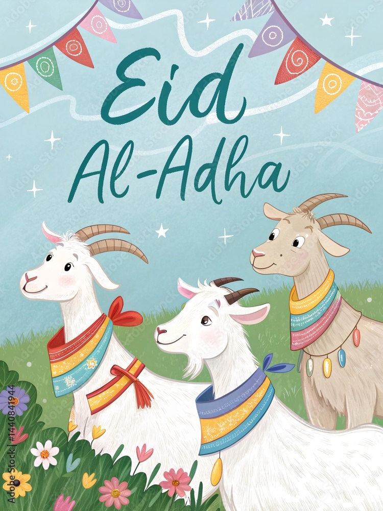 Naklejka premium Goat and Sheep with Blue Sky and Mosque Eid al-Adha Greeting