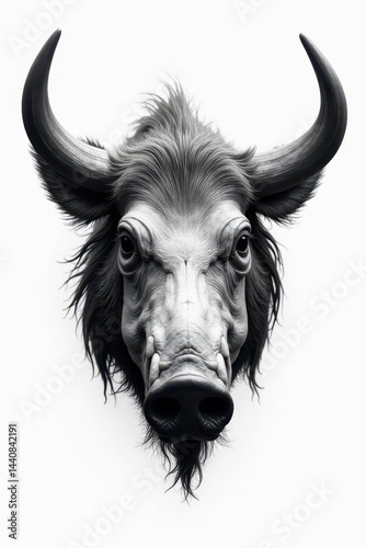 Black & white boar skull, sharp horns, angry expression , nature, dark fantasy, mystical