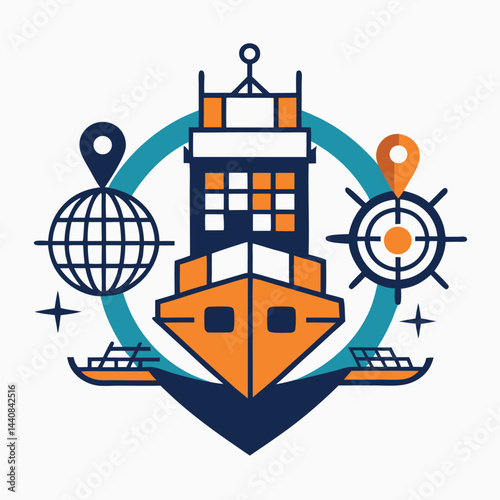 Innovative minimalist logo design representing autonomous shipping technology featuring a cargo ship and navigation elements