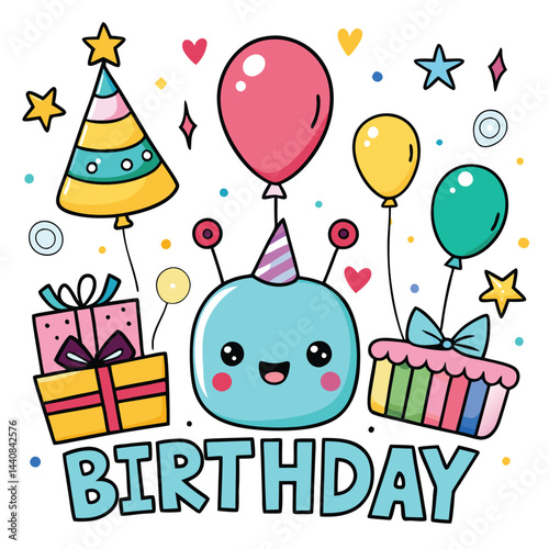 Cute Birthday Celebration with Balloons, Gifts, and a Cake