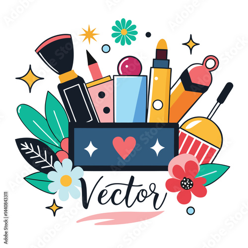 Beauty subscription box logo featuring colorful cosmetics and tools on a clean, bright background highlighting a creative design suitable for online platforms
