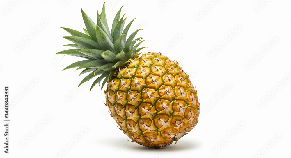 Whole pineapple with green crown, isolated on white. Tropical fruit image for summer, food or drink visuals Whole pineapple with green crown, isolated on white. Tropical fruit image for summer, food or drink visuals