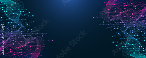 Artificial Intelligence or machine learning vector design. Quantum computer technology concept with circuit board and motherboard texture background design. Waves flow quantum explosion