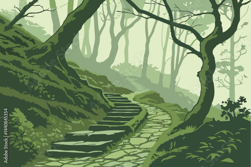 63 Misty forest path, ancient stone steps, winding trail, lush green foliage, ethereal atmosphere, foggy woodland, mystical journey, moss-covered stones, enchanted stairway, dappled light, serene natu
