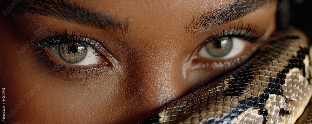 Close-up portrait of a woman's eyes with a snake resting near her face