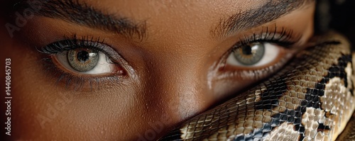 Close-up portrait of a woman's eyes with a snake resting near her face