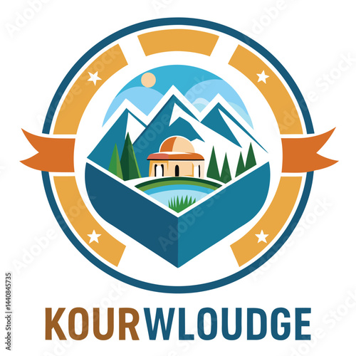 Vector logo designed for a tour guide service showcasing mountains, a temple, and a river, emphasizing exploration and adventure in a natural setting
