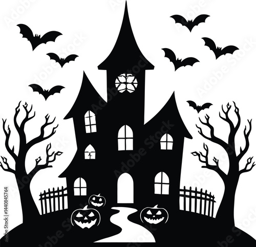 Halloween themed house adorned with bats and pumpkin