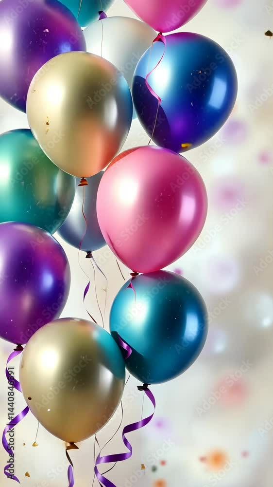 Vibrant balloons and confetti celebration in motion with twirling ribbons Vibrant balloons and confetti celebration in motion with twirling ribbons
