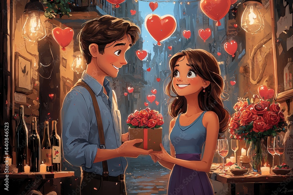 Romantic couple exchanging gifts in a charming street with red heart decorations