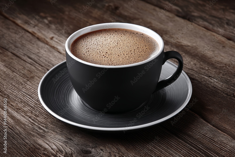 Fototapeta premium Charming black coffee cup on rustic wooden table