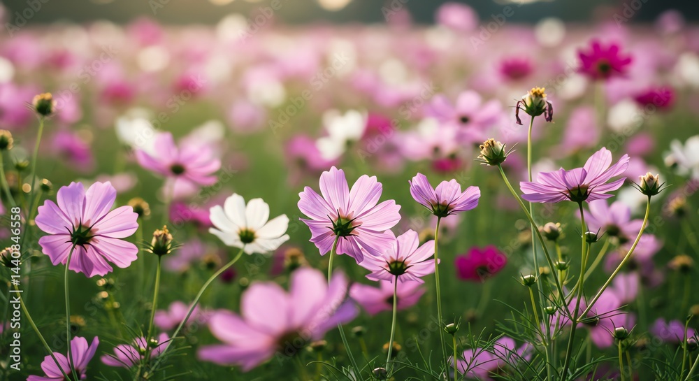 Field of Flowers Blooming with Pink and White Petals in Sunlight Field of Flowers Blooming with Pink and White Petals in Sunlight