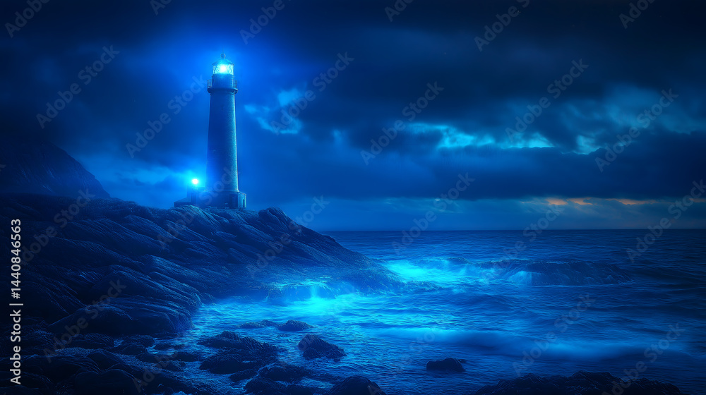 Fototapeta premium Lighthouse at Night on Rocky Coast