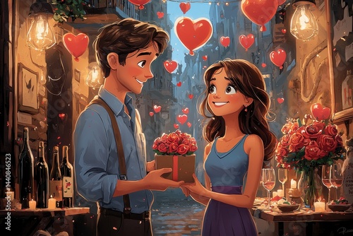 Romantic couple exchanging gifts in a charming street with red heart decorations
