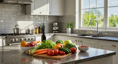 Frescos ingredientes orgánicos en cocina moderna iluminada por el sol